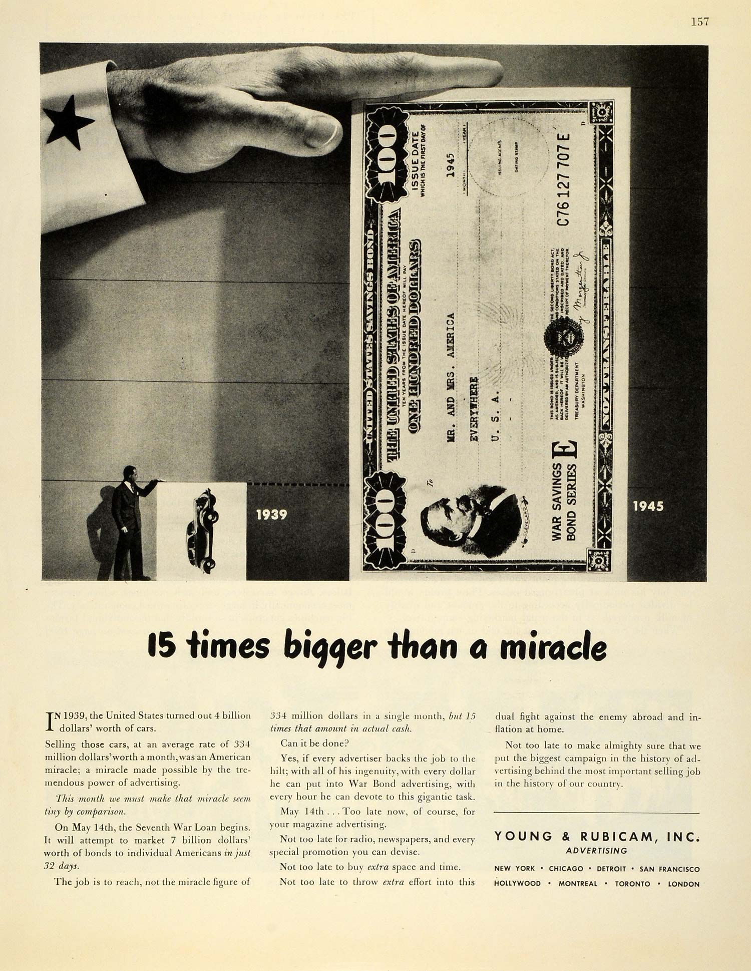 1945 Ad Young & Rubicam Advertising United States America Check 100 Dollars FZ8