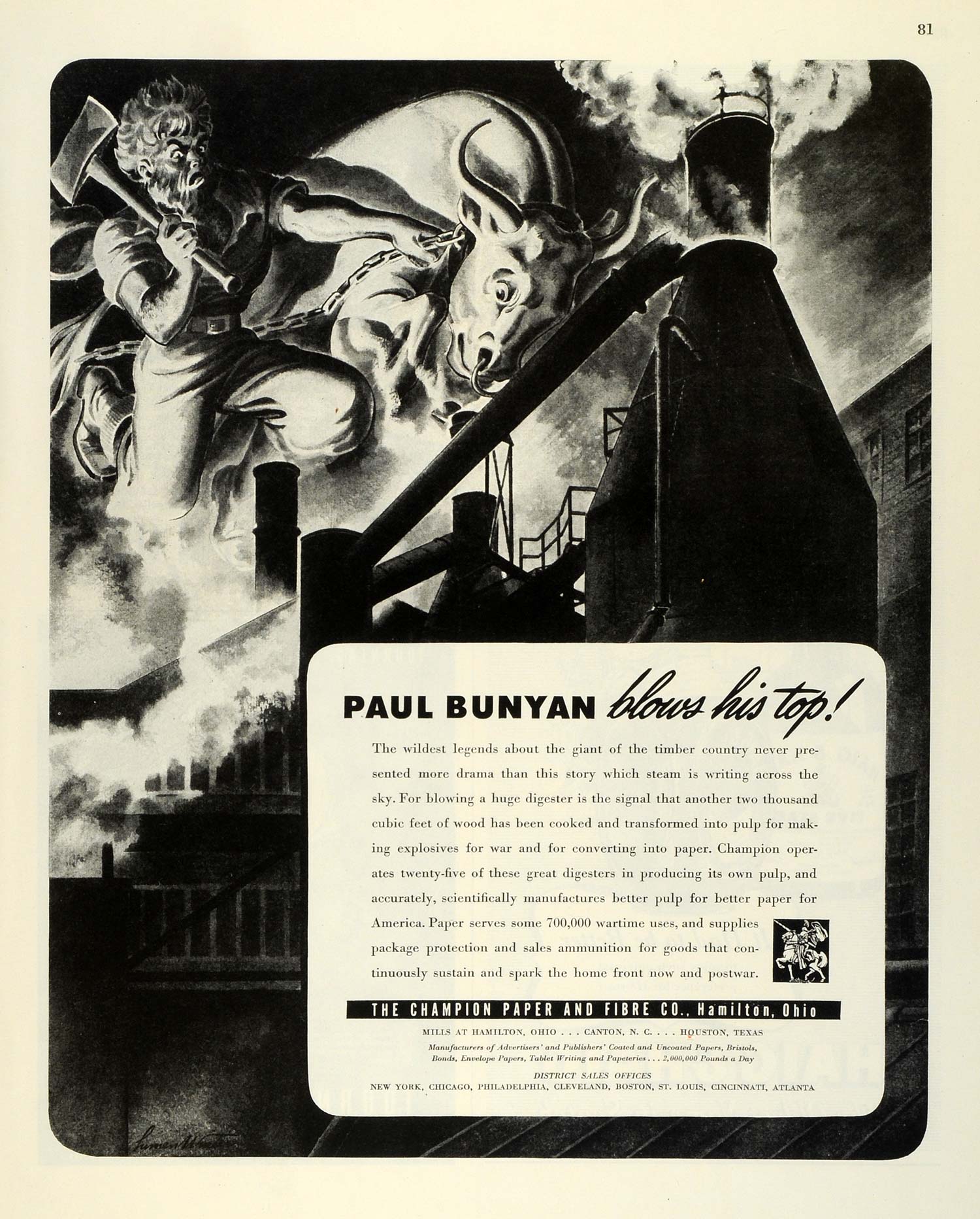 1945 Ad Champion Paper & Fibre Co Hamilton Paul Bunyan Lumberjack Babe Blue FZ8