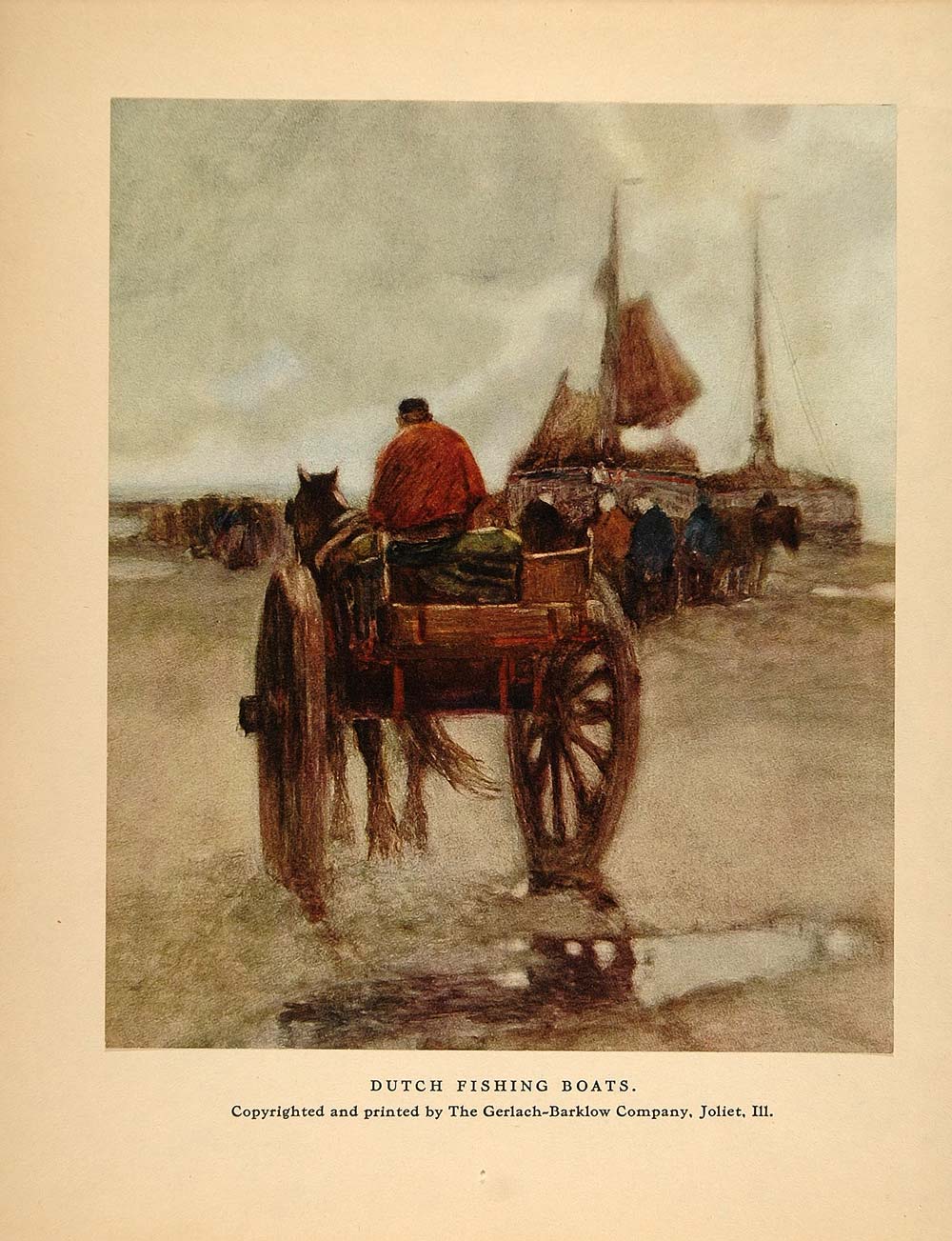 1913 Color Print Dutch Fishing Boats Horse Cart Harbor Holland Netherlands GAC1