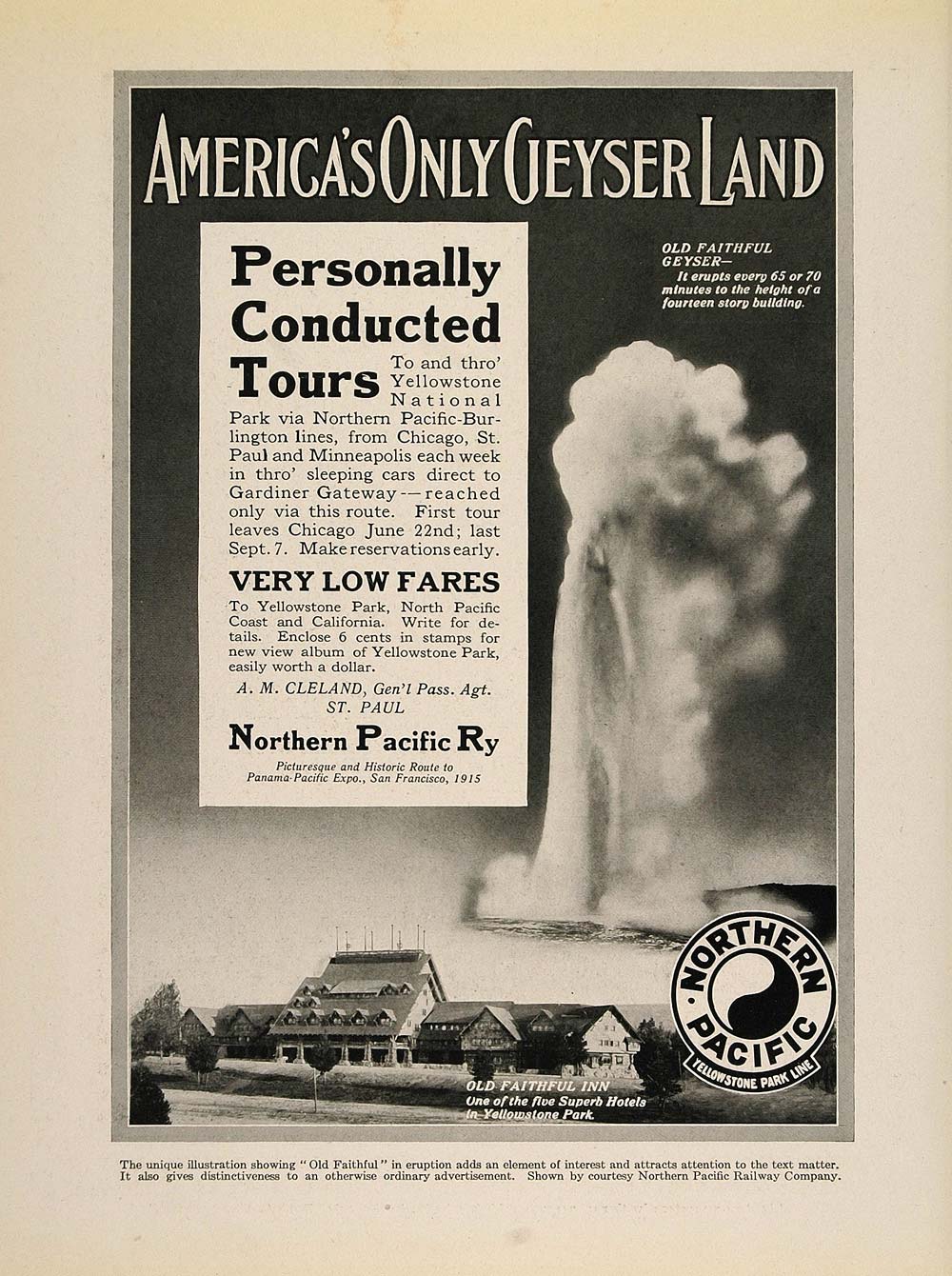 1913 Print Northern Pacific Ry. Old Faithful Inn Geyser ORIGINAL HISTORIC GAC1