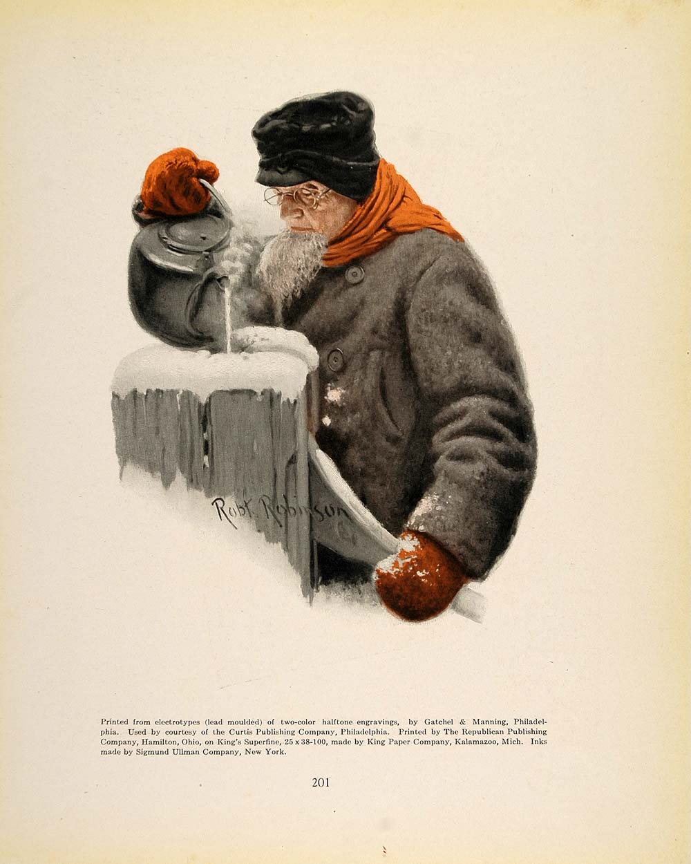 1913 Print Water Pump Thawing Winter Old Man Robinson - ORIGINAL GAC1