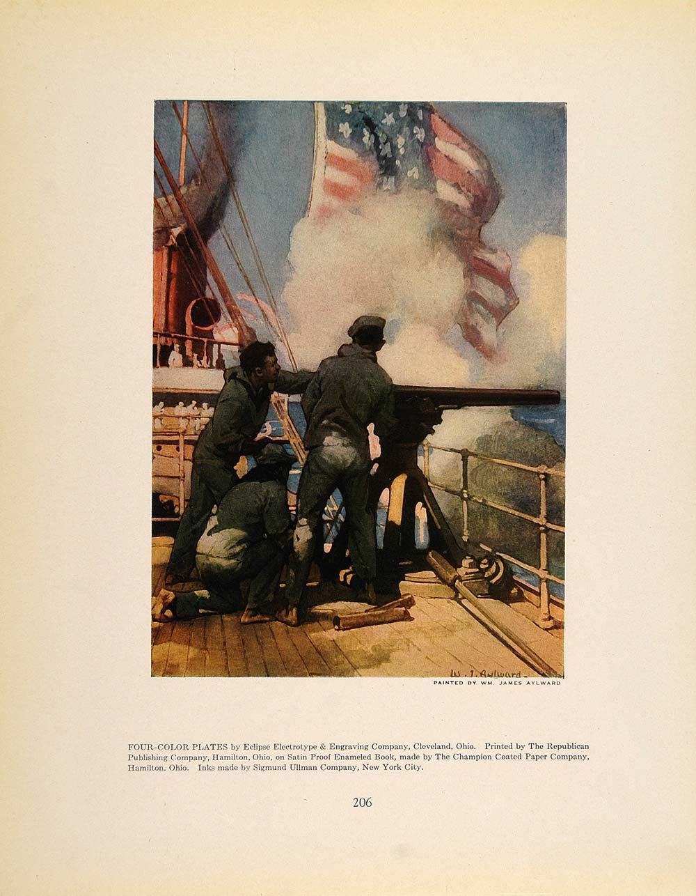1913 Print Ship Cannon Sailors U. S. Flag W. J. Aylward - ORIGINAL GAC1