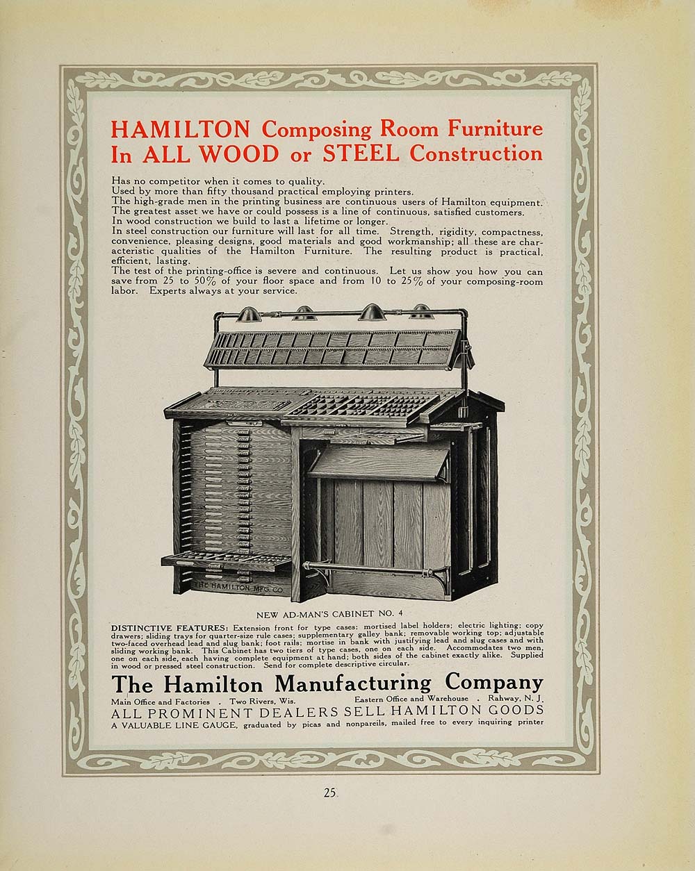 1913 Ad Hamilton Composing Room Ad Man's Cabinet No. 4 - ORIGINAL GAC1