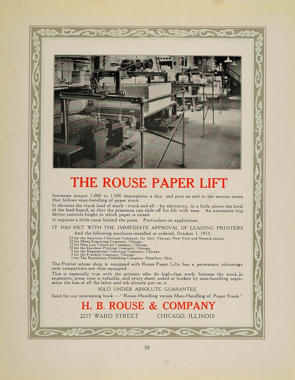 1913 Ad H.B. Rouse Co. Paper Lift Printer Printing Shop - ORIGINAL GAC1