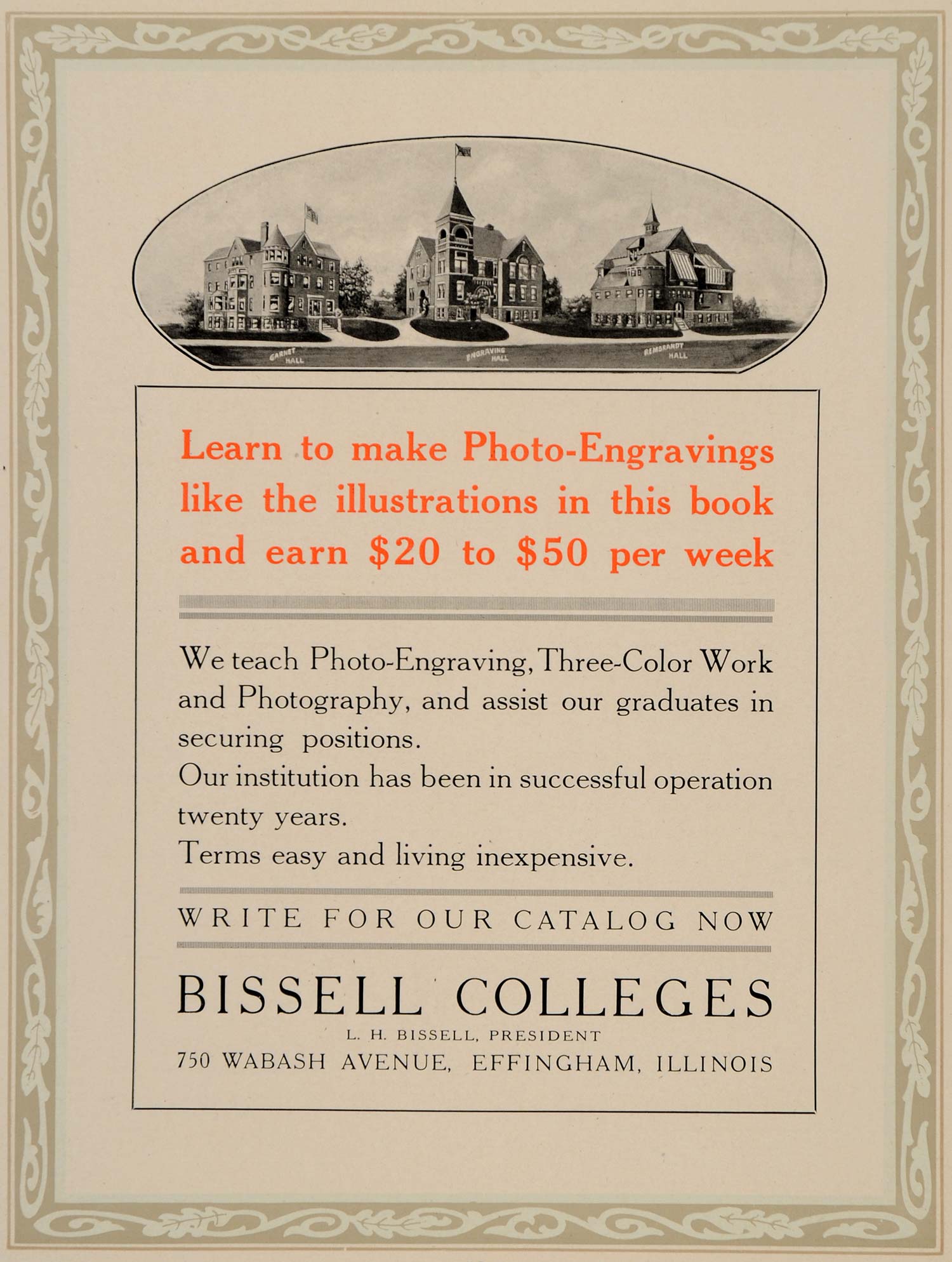 1913 Ad Bissell College Effingham IL Photo-engraving - ORIGINAL ADVERTISING GAC1
