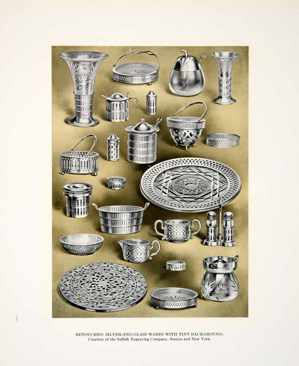 1913 Print Silverware Glassware Colored Shadows Kitchen Plate Dishes Cups GAC1
