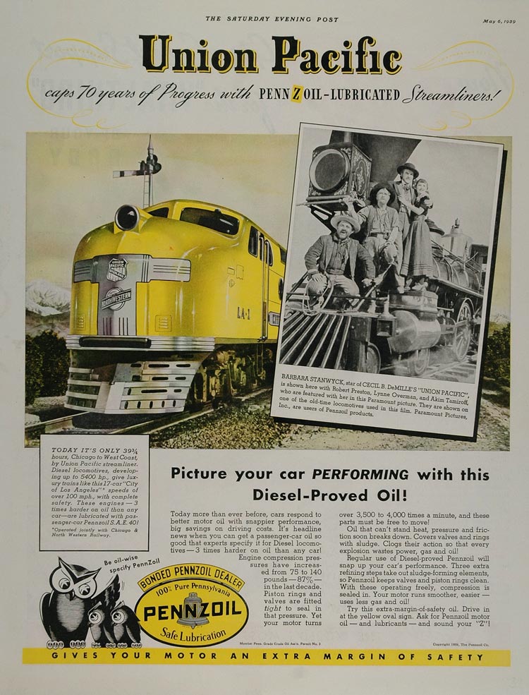 1939 Ad Pennzoil Oil Union Pacific Diesel Train Movie - ORIGINAL GAS1