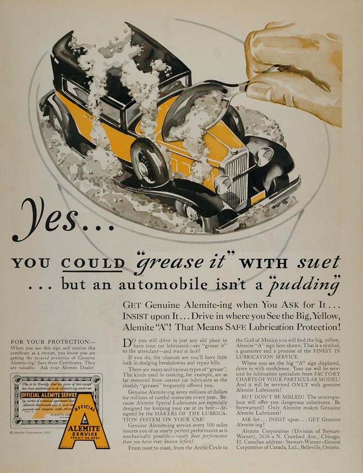 1932 Ad Alemite Lubricants Vintage Car Auto Grease Suet - ORIGINAL GAS1