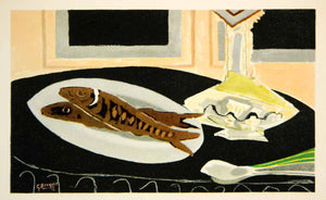1949 Photolithograph Braque Art La Carafe Fish Platter Still Life Abstract GBL1