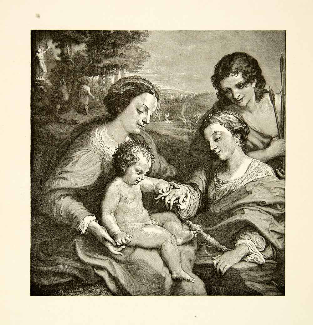 1884 Wood Engraving Religious Mystical Marriage Saint Catherine Child Baby GCK1
