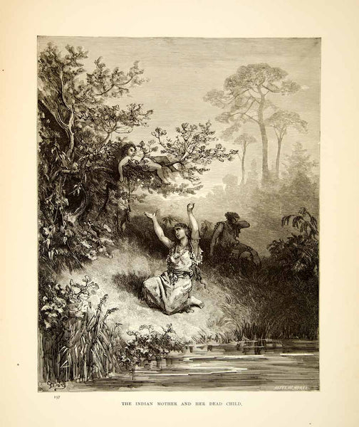 1883 Wood Engraving Gustave Dore Native American Indian Mother