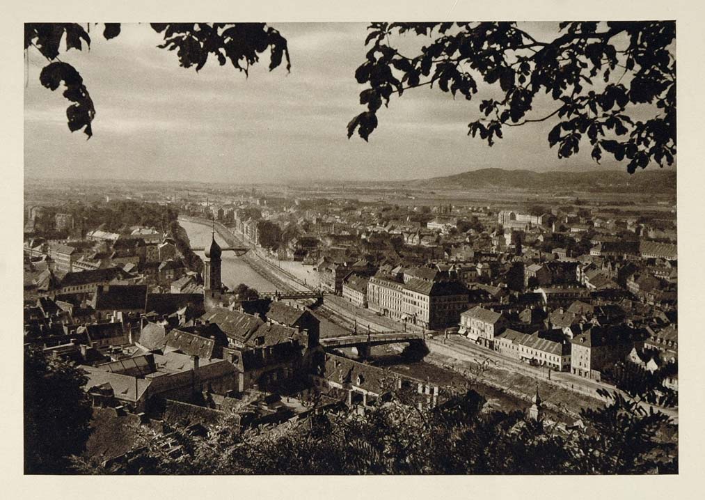 1928 Graz Mur River Austria Austrian City Photogravure - ORIGINAL GER1