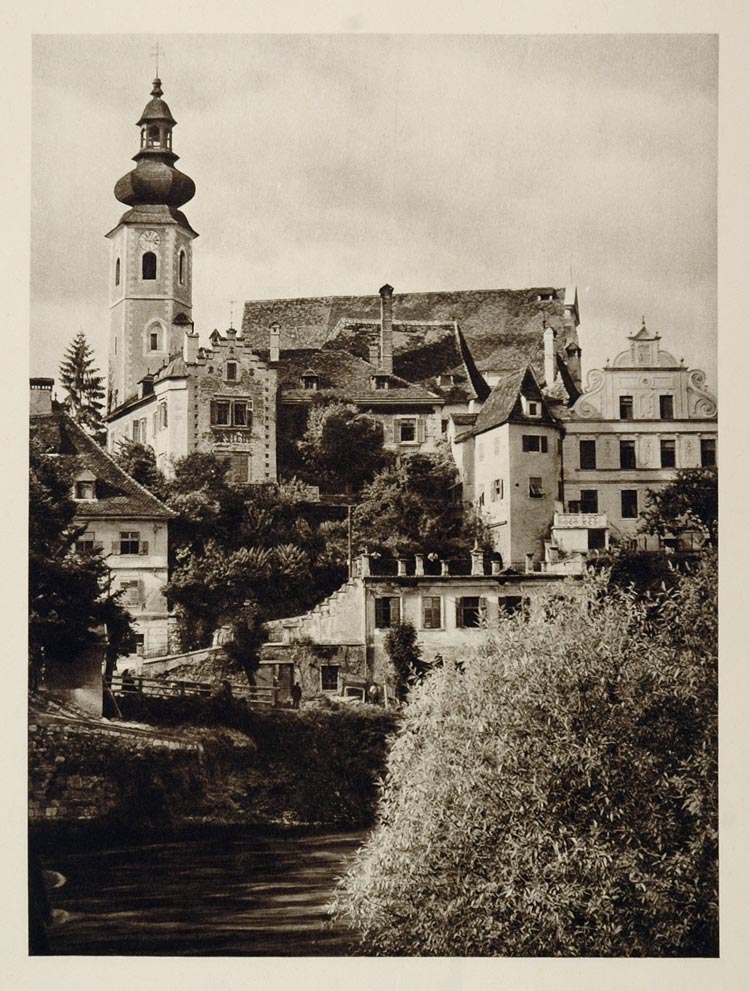 1928 Clock Tower Town Buildings Frohnleiten Austria - ORIGINAL PHOTOGRAVURE GER1