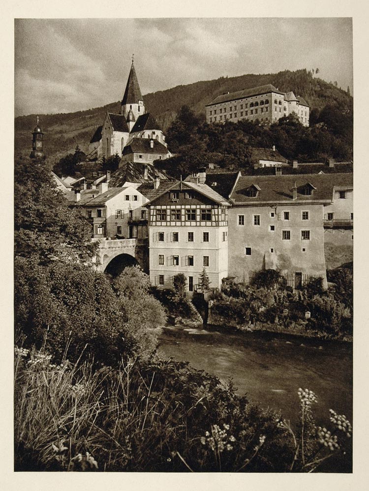 1928 Murau Austria Austrian Town Mur River Photogravure - ORIGINAL GER1