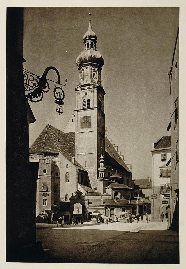 1928 Parish Church Tower Street Hall Tyrol Austria - ORIGINAL PHOTOGRAVURE GER1