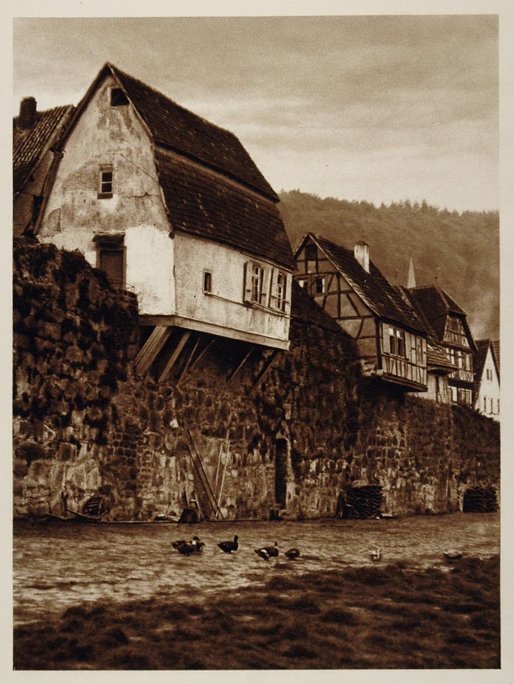 1925 Houses Town Wall Hirschhorn am Neckar Germany - ORIGINAL PHOTOGRAVURE GER2