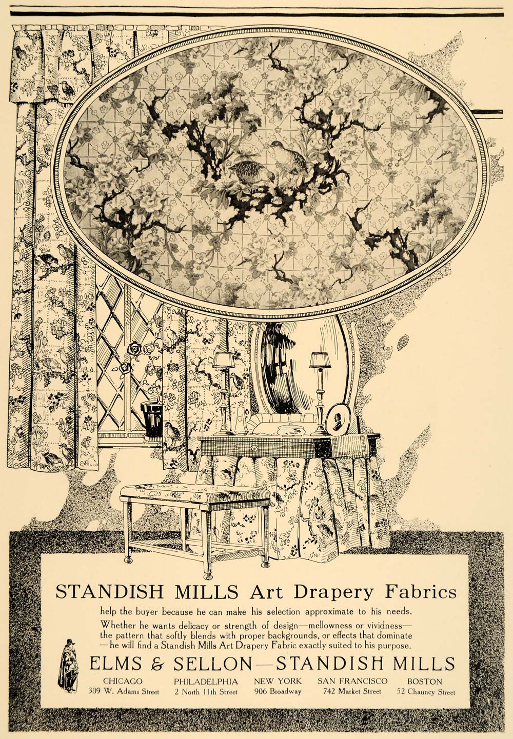 1918 Ad Standish Mills Art Drapery Fabrics Bird Pattern - ORIGINAL GF1