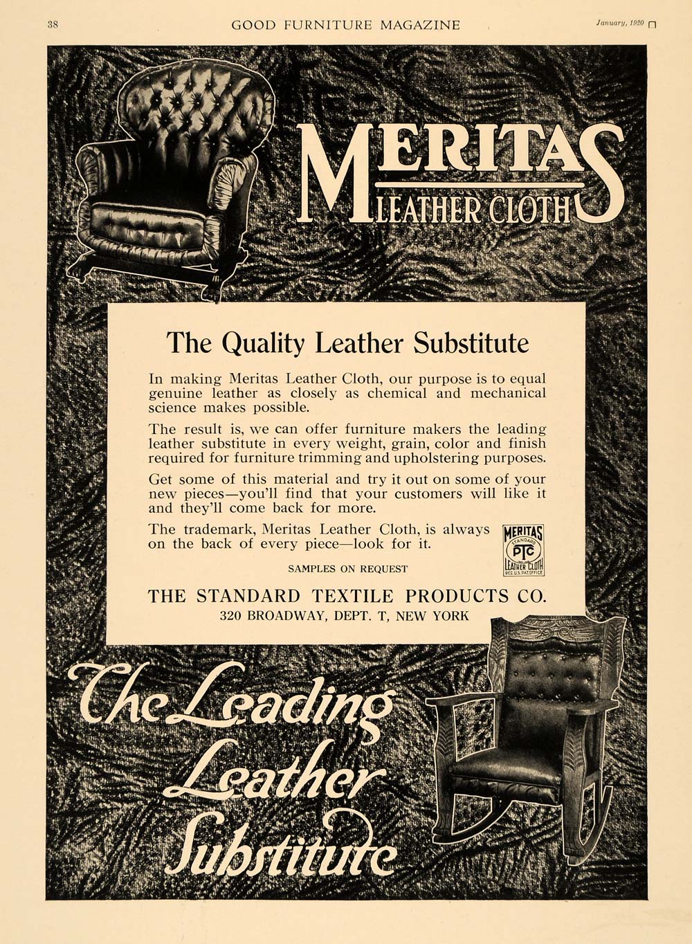 1920 Ad Fabric Textile Product New York Meritas Leather Cloth Broadway Chair GF1