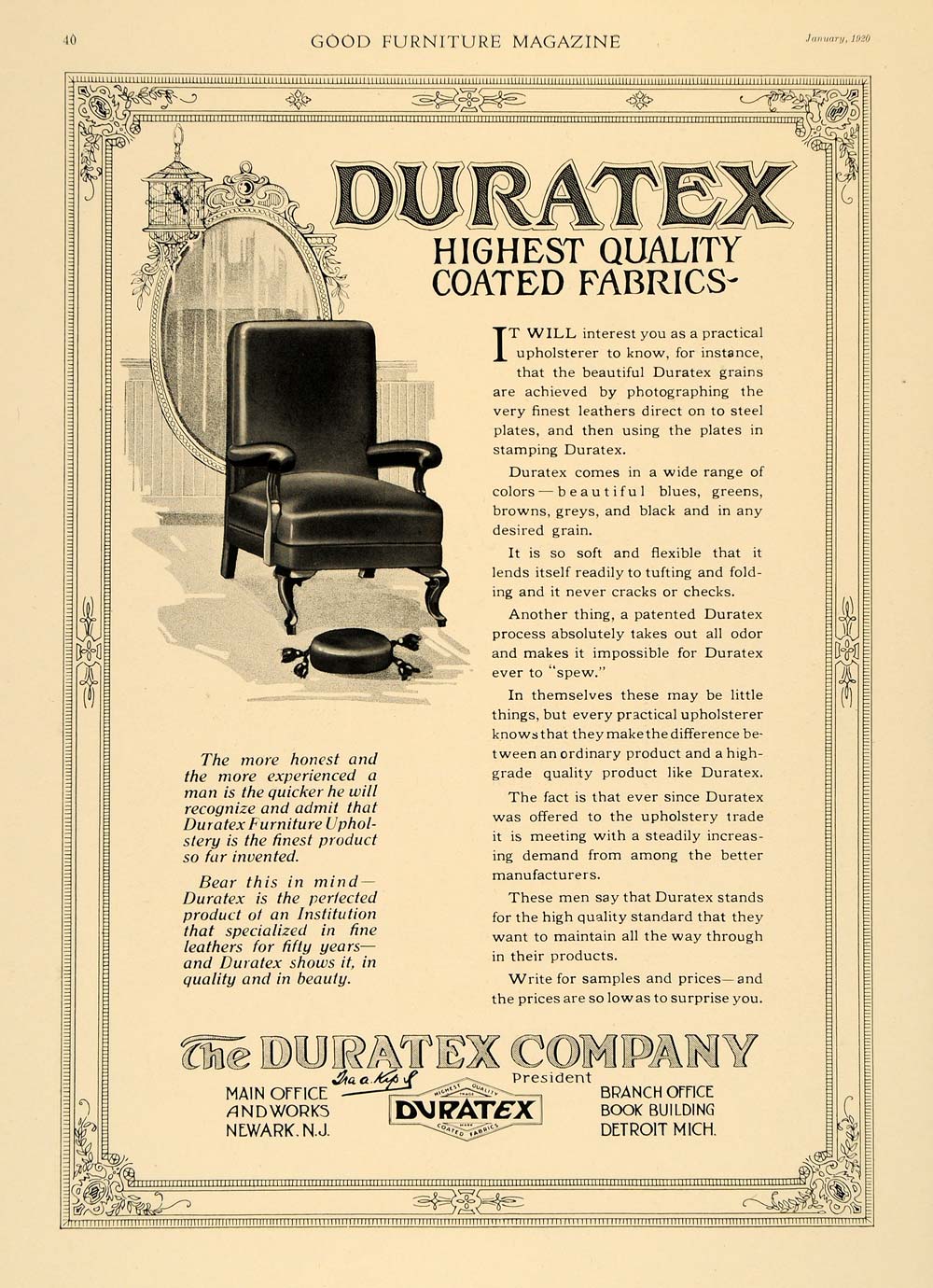 1920 Ad Duratex Company Newark Coated Fabric Furniture - ORIGINAL GF1