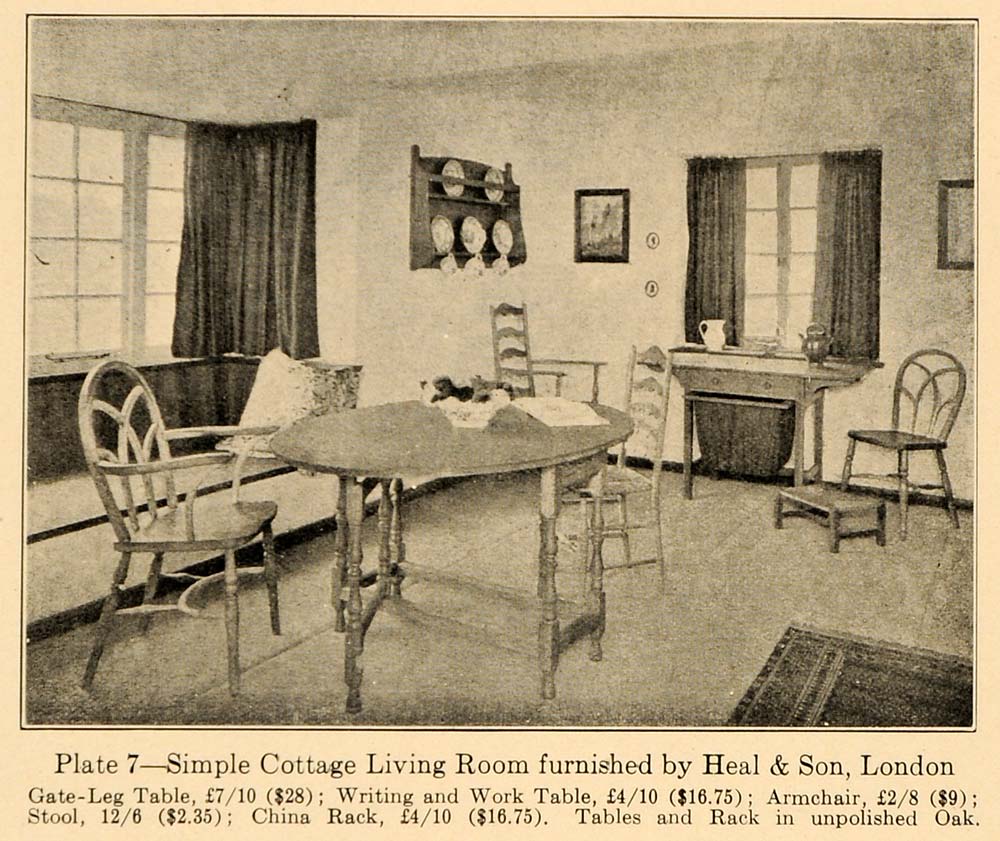 1920 Print British Cottage Living Room Heal Son London ORIGINAL HISTORIC GF1