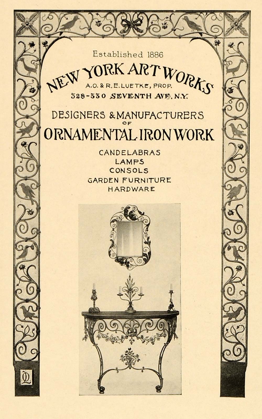 1920 Ad New York Art Works Iron Furniture A Luetke - ORIGINAL ADVERTISING GF1