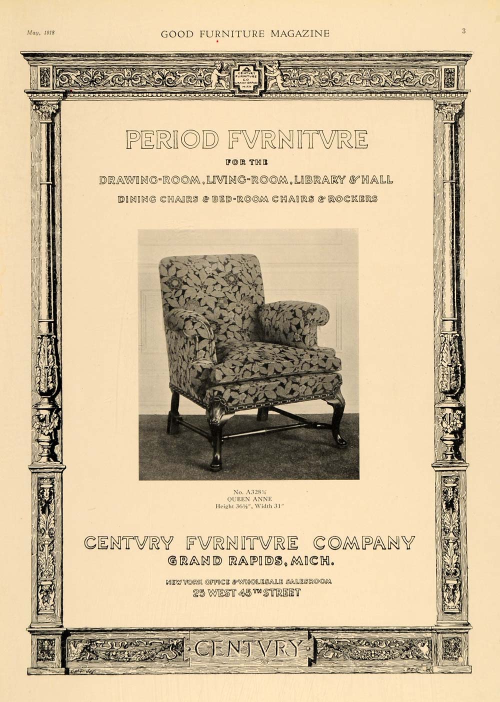1918 Ad Century Furniture Period Queen Anne Armchair - ORIGINAL ADVERTISING GF1
