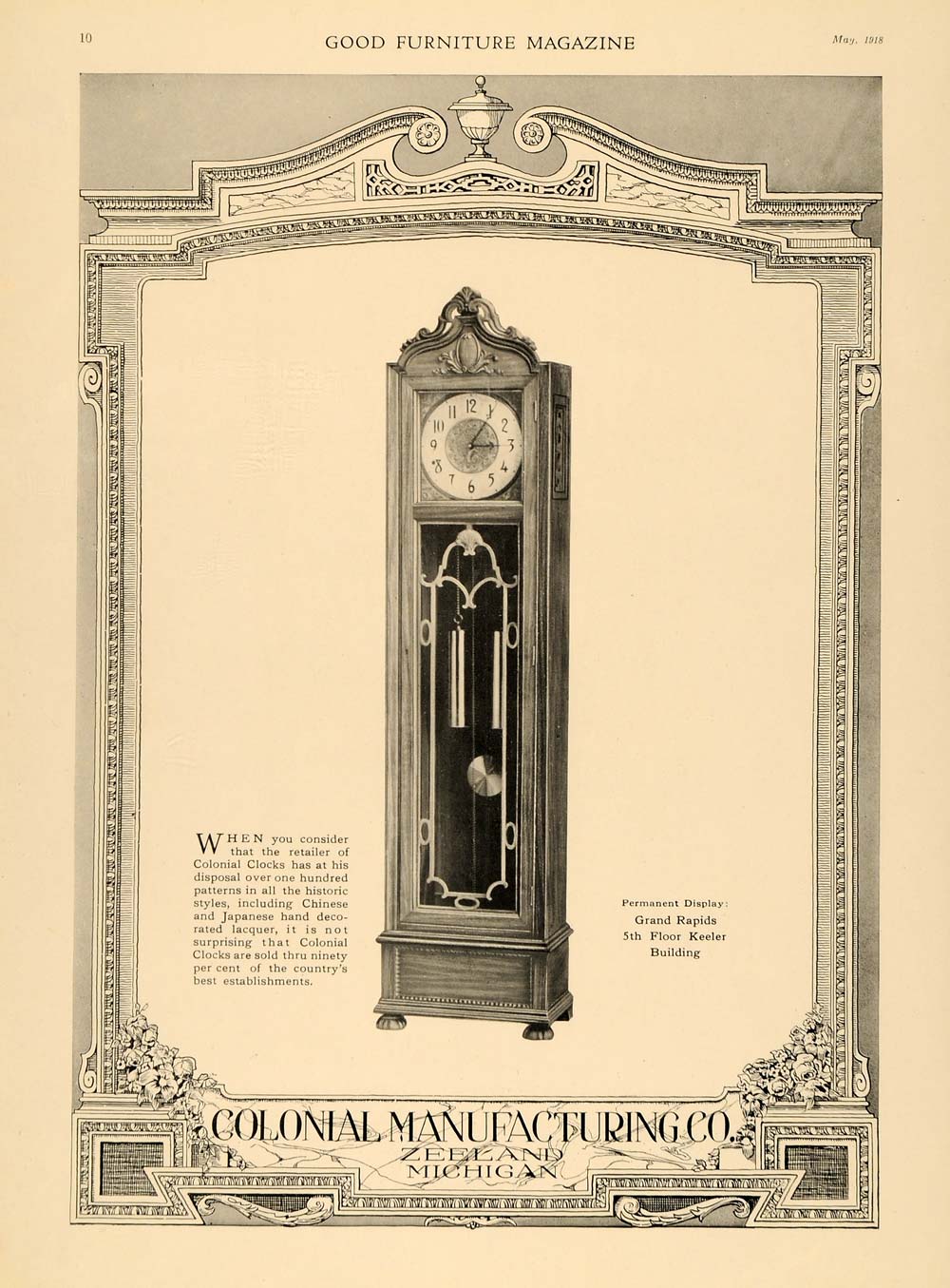 1918 Ad Colonial Manufacturer Grandfather Clock Zeeland - ORIGINAL GF1