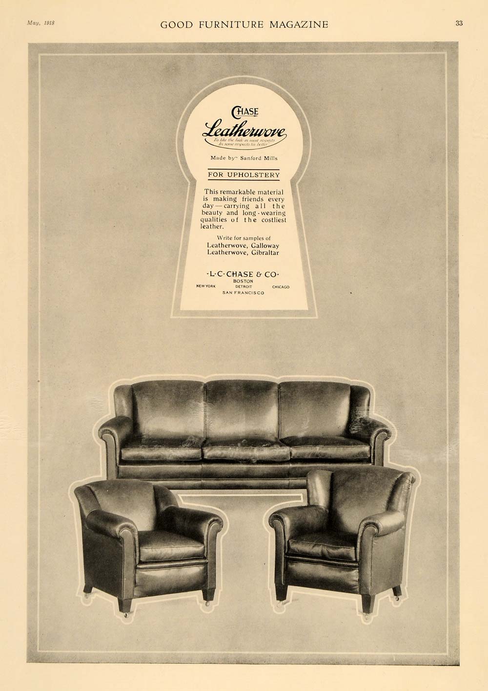 1918 Ad L. C. Chase Sanford Mills Leatherwove Furniture - ORIGINAL GF1