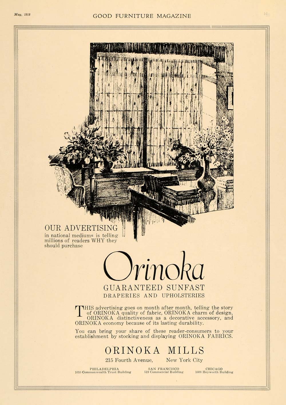 1918 Ad Orinoka Mills Draperies Upholstery Curtains - ORIGINAL ADVERTISING GF1