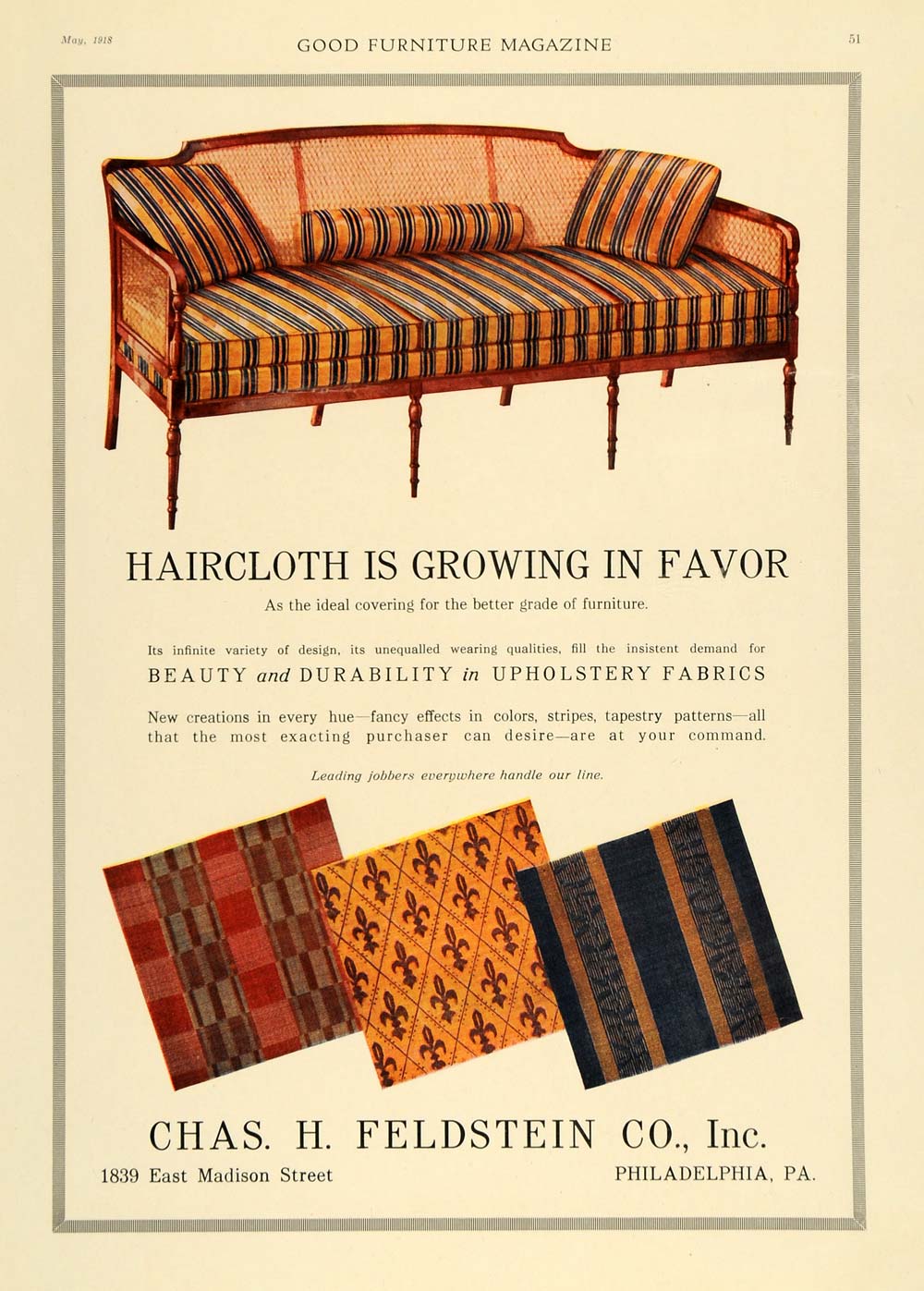 1918 Ad Chas. H. Feldstein Harcloth Furniture Fabric - ORIGINAL ADVERTISING GF1
