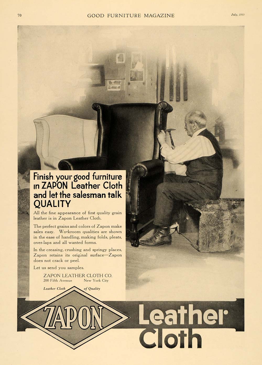 1919 Ad Zapon Leather Cloth Craftsman Armchair Finish - ORIGINAL ADVERTISING GF1