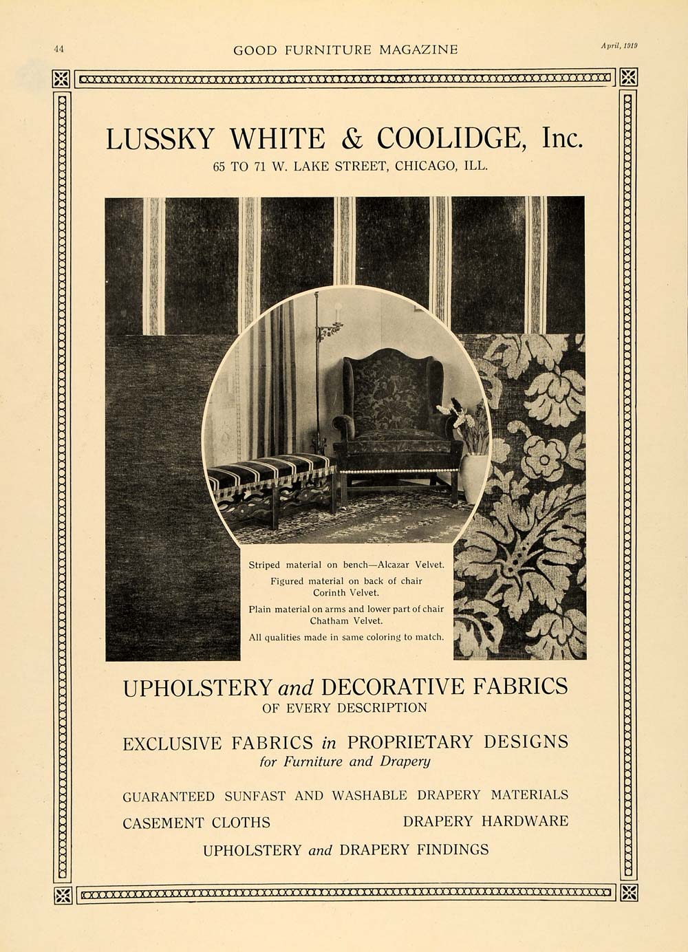 1919 Ad Lussky White Coolidge Decor Fabrics Upholstery - ORIGINAL GF1