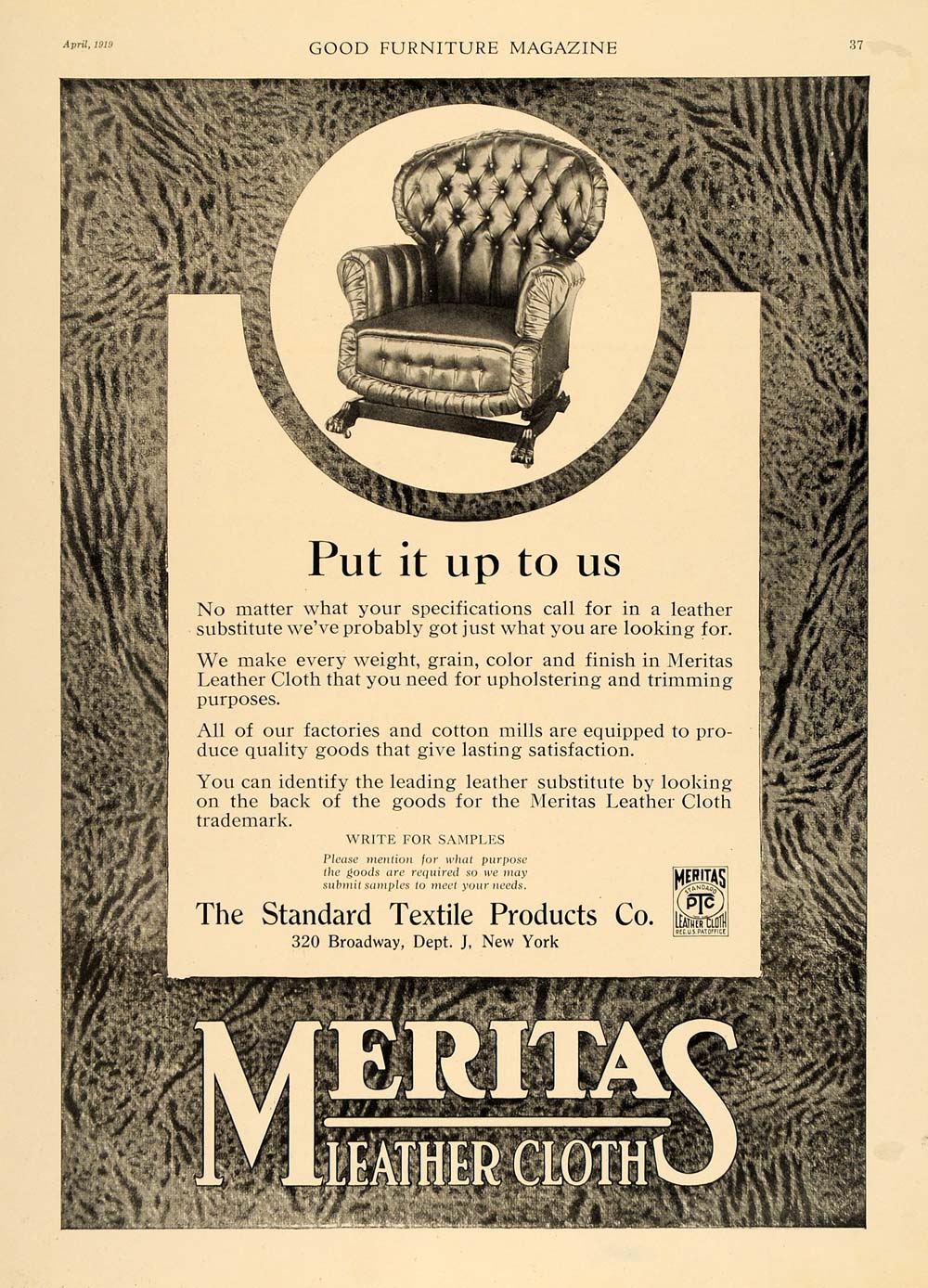 1919 Ad Standard Textile Meritas Leather Cloth Armchair - ORIGINAL GF1
