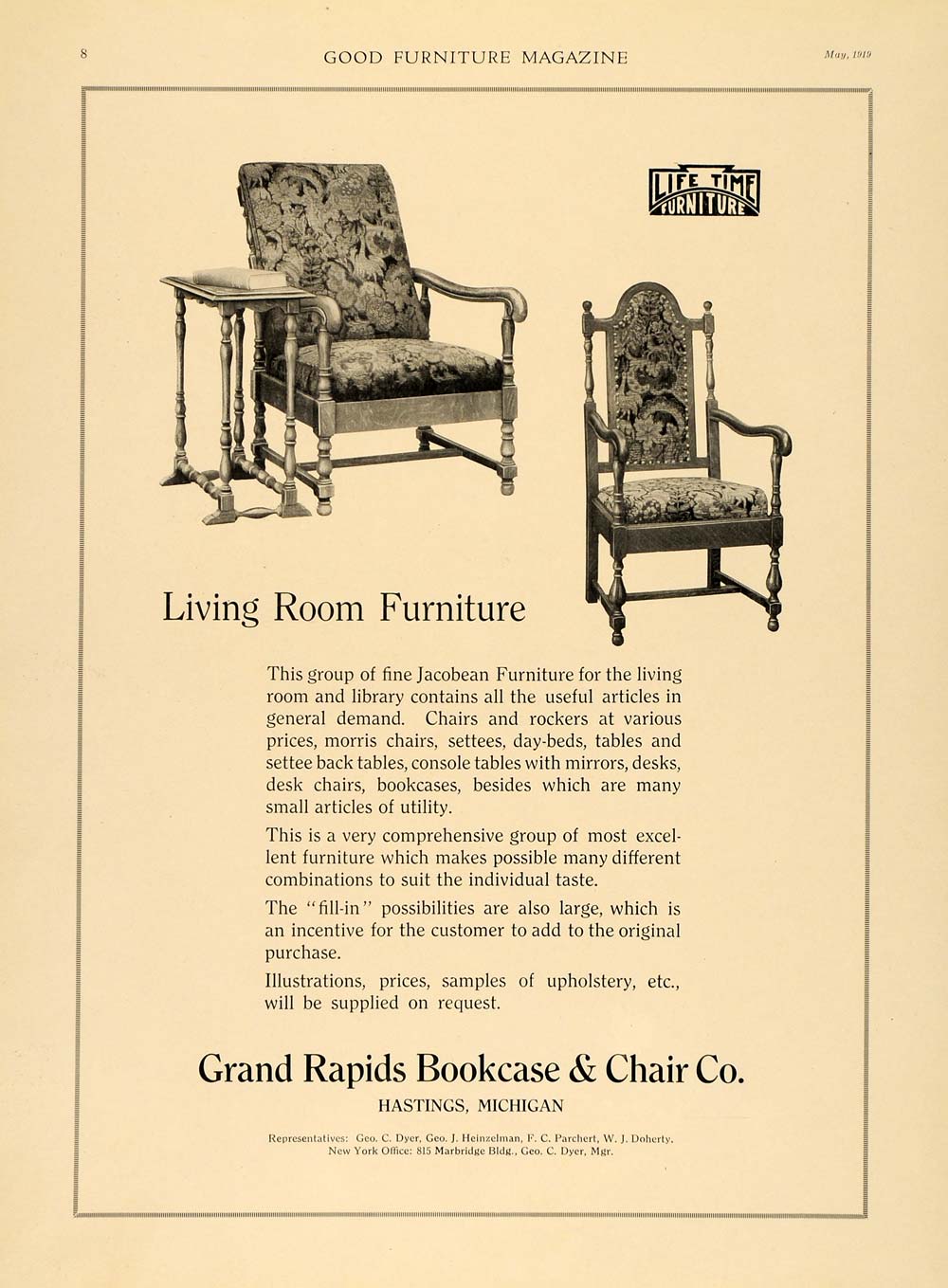 1919 Ad Grand Rapids Bookcases Chairs Living Room Set - ORIGINAL ADVERTISING GF1