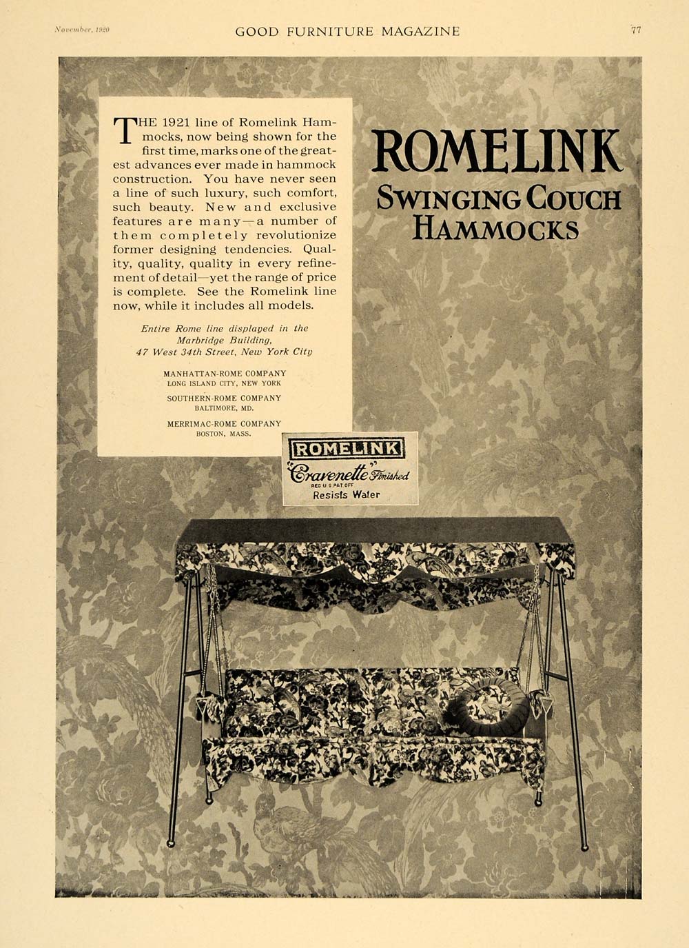 1920 Ad Romelink Swinging Couch Hammock Outdoor Garden - ORIGINAL GF1