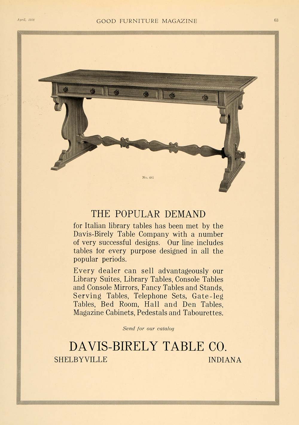 1918 Ad Davis Birely Table Company Italian Library 481 - ORIGINAL GF1