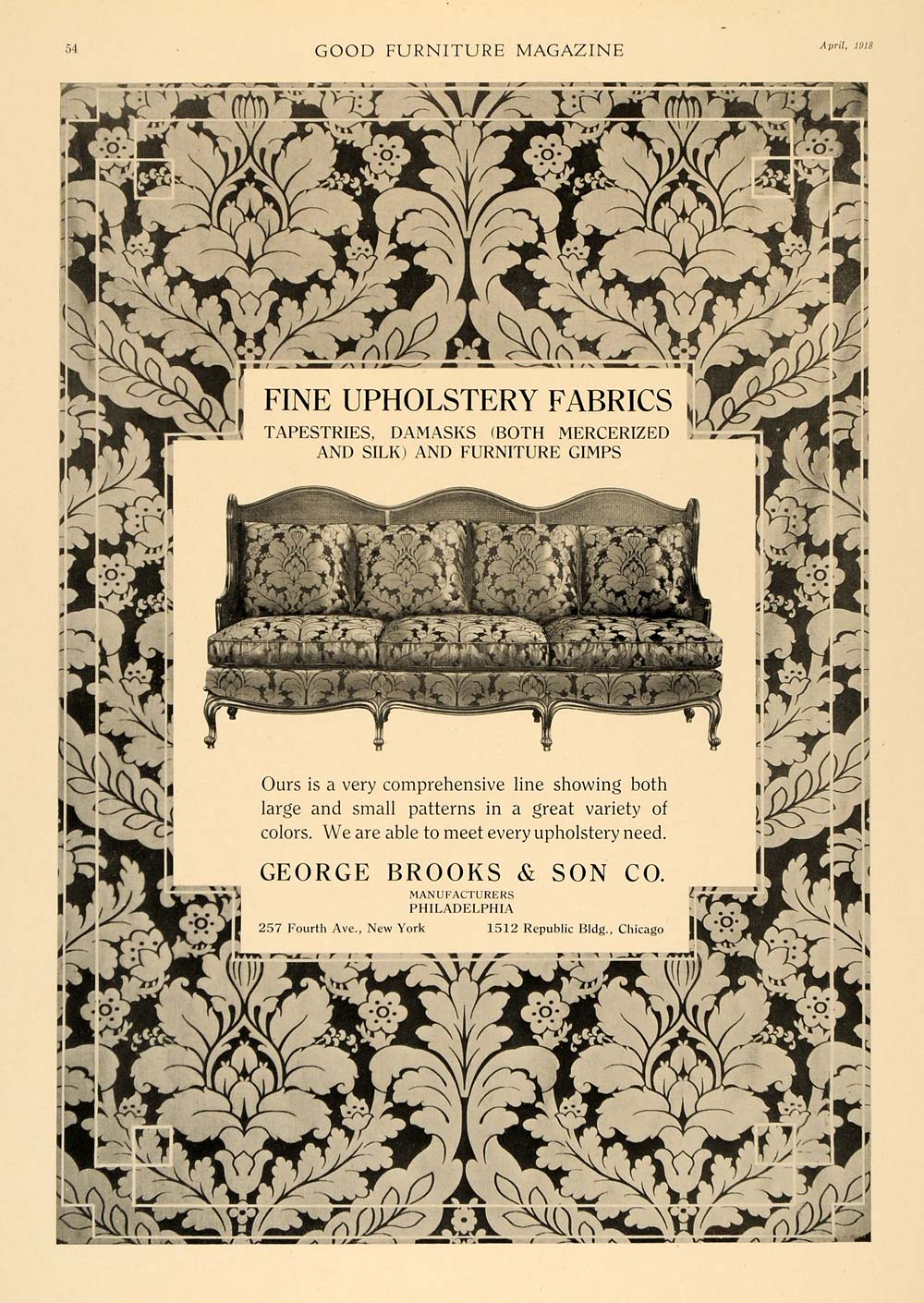 1918 Ad George Brooks Son Furniture Gimps Fabric Sofa - ORIGINAL ADVERTISING GF1