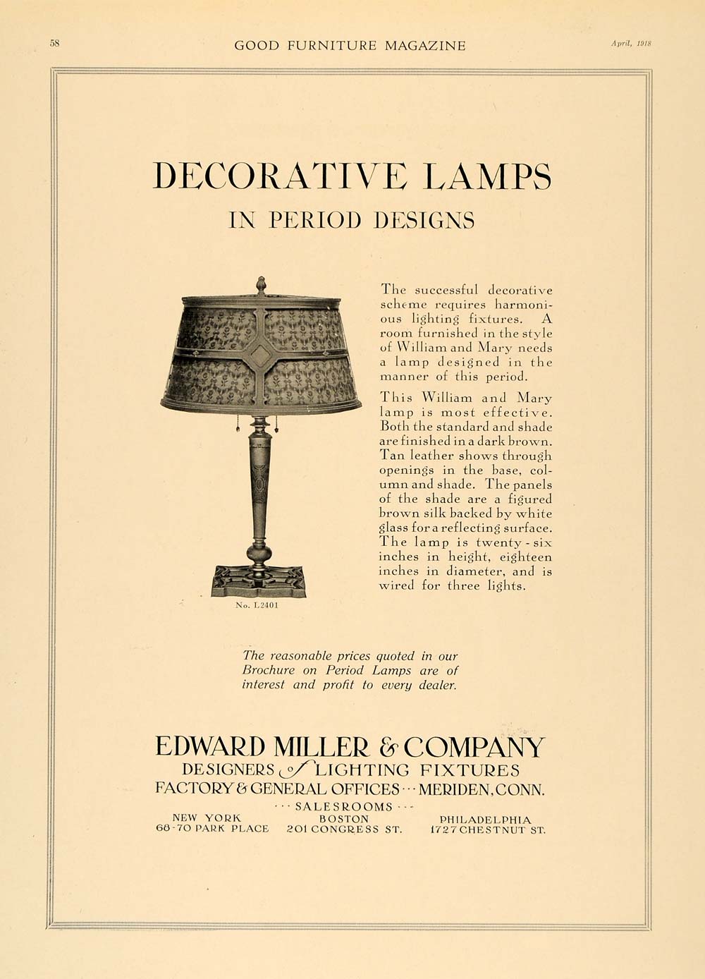 1918 Ad Decorative Lamps Period Designs Edward Miller - ORIGINAL ADVERTISING GF1