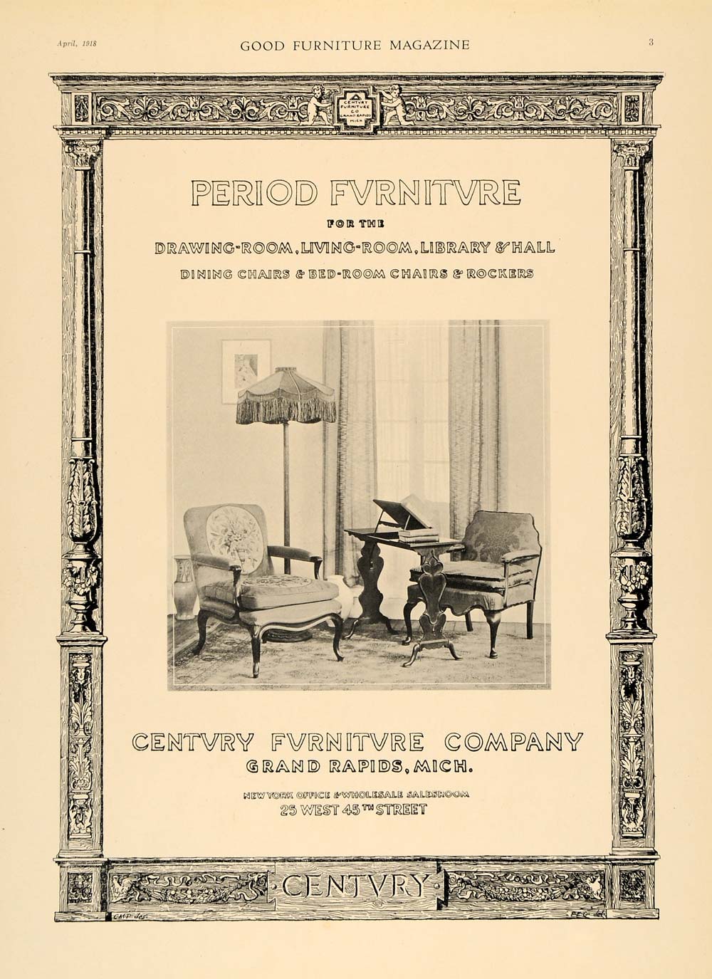 1918 Ad Century Furniture Period Floor Lamp Arm Chair - ORIGINAL ADVERTISING GF1