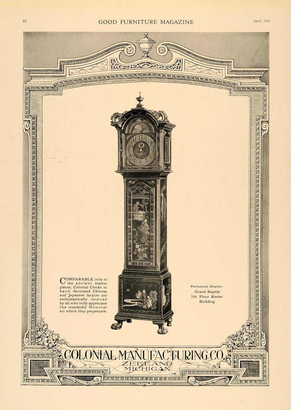 1918 Ad Colonial Clock Oriental Colonial Manufacturing - ORIGINAL GF1