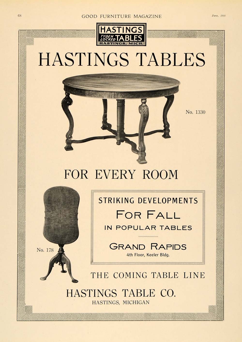 1918 Ad Hastings Table Company Folding Collapsible 1330 - ORIGINAL GF1