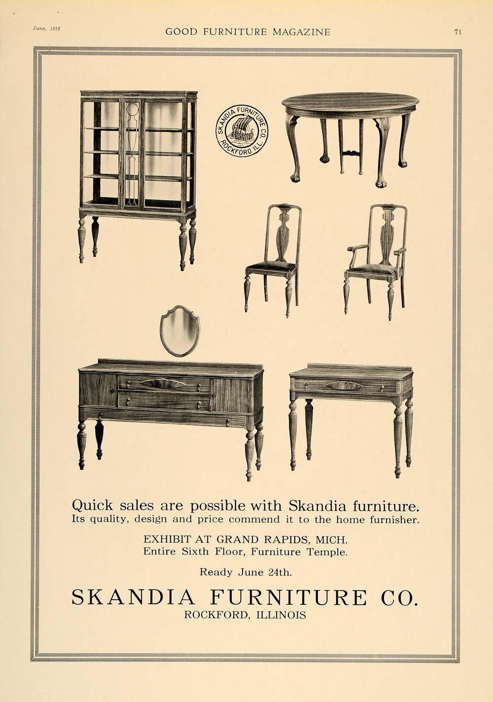 1918 Ad Skandia Furniture Rockford Sideboard Buffet - ORIGINAL ADVERTISING GF1
