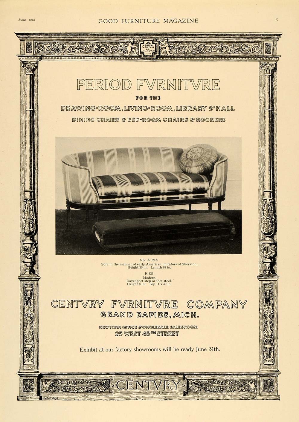 1918 Ad Sheraton Sofa Davenport Century Furniture Couch - ORIGINAL GF1