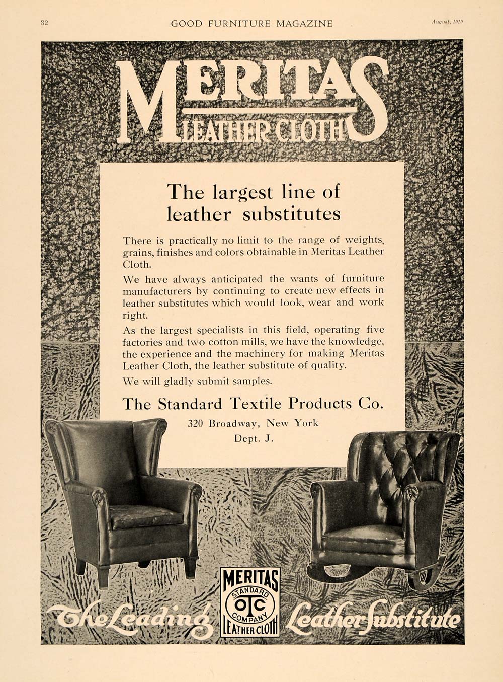 1919 Ad Standard Textile Meritas Leather Cloth Decor - ORIGINAL ADVERTISING GF1