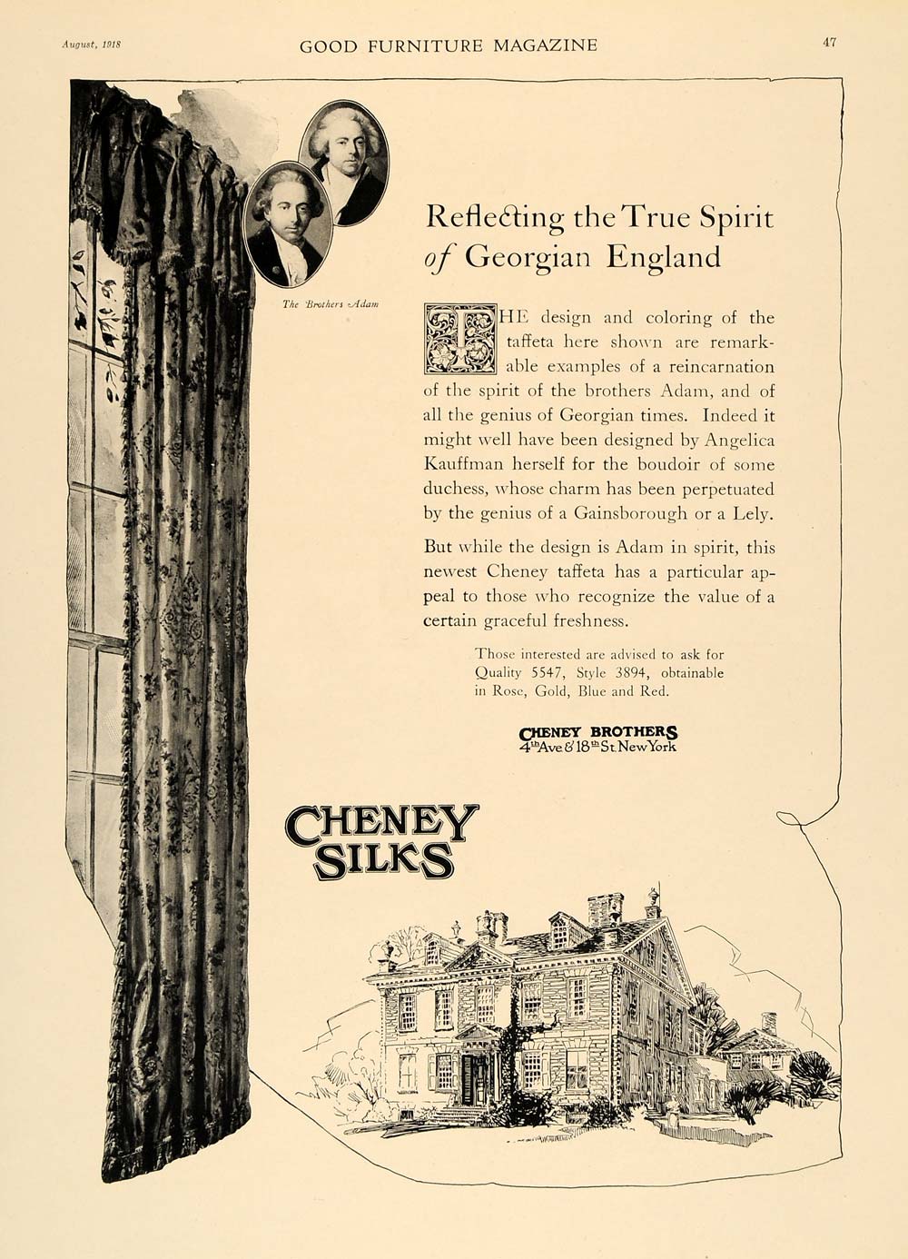 1918 Ad Cheney Brothers Silks Taffeta Curtains Decor - ORIGINAL ADVERTISING GF1