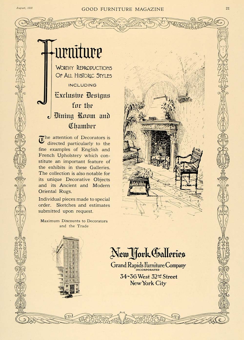 1918 Ad Grand Rapids Furniture New York Galleries Decor - ORIGINAL GF1