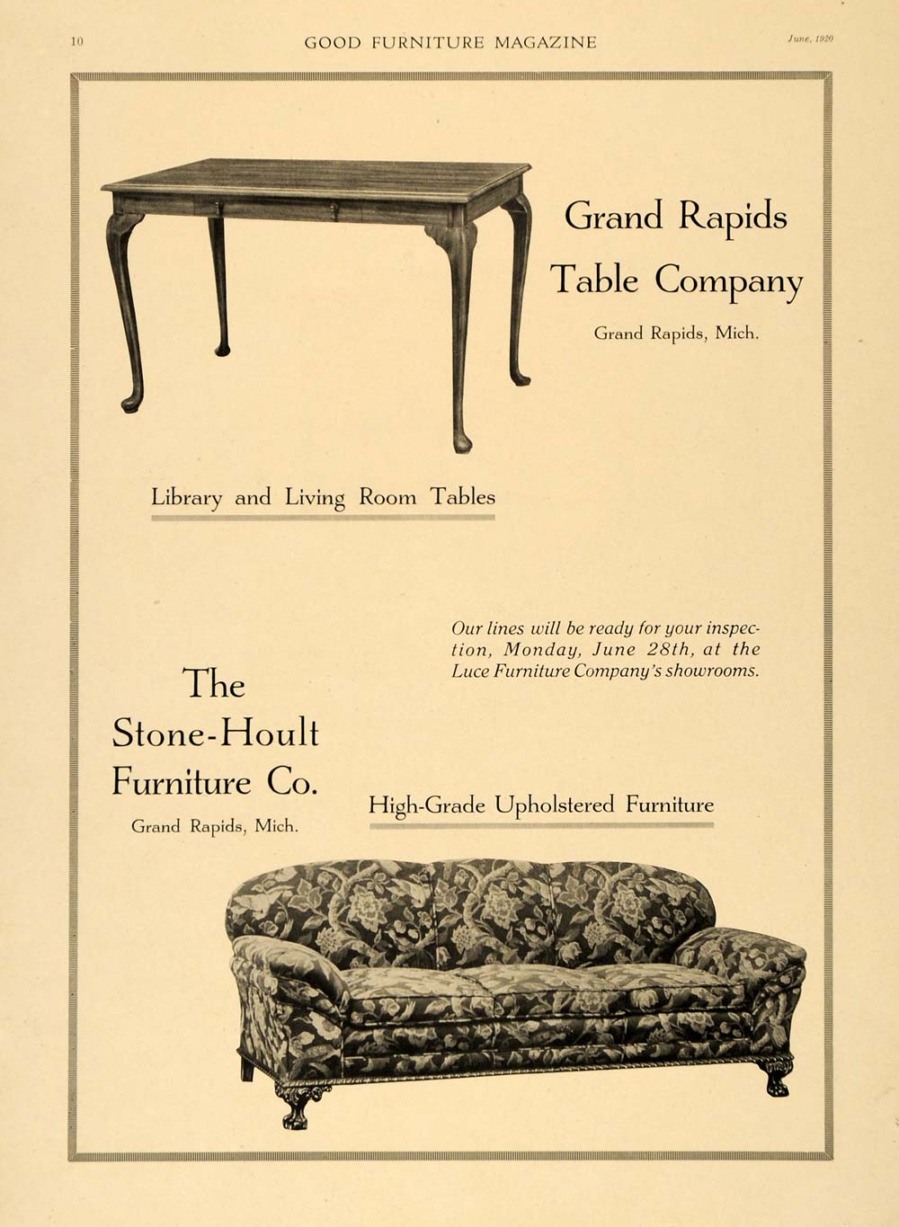 1920 Ad Stone-Hoult Furniture Grand Rapids Table Sofa - ORIGINAL ADVERTISING GF1