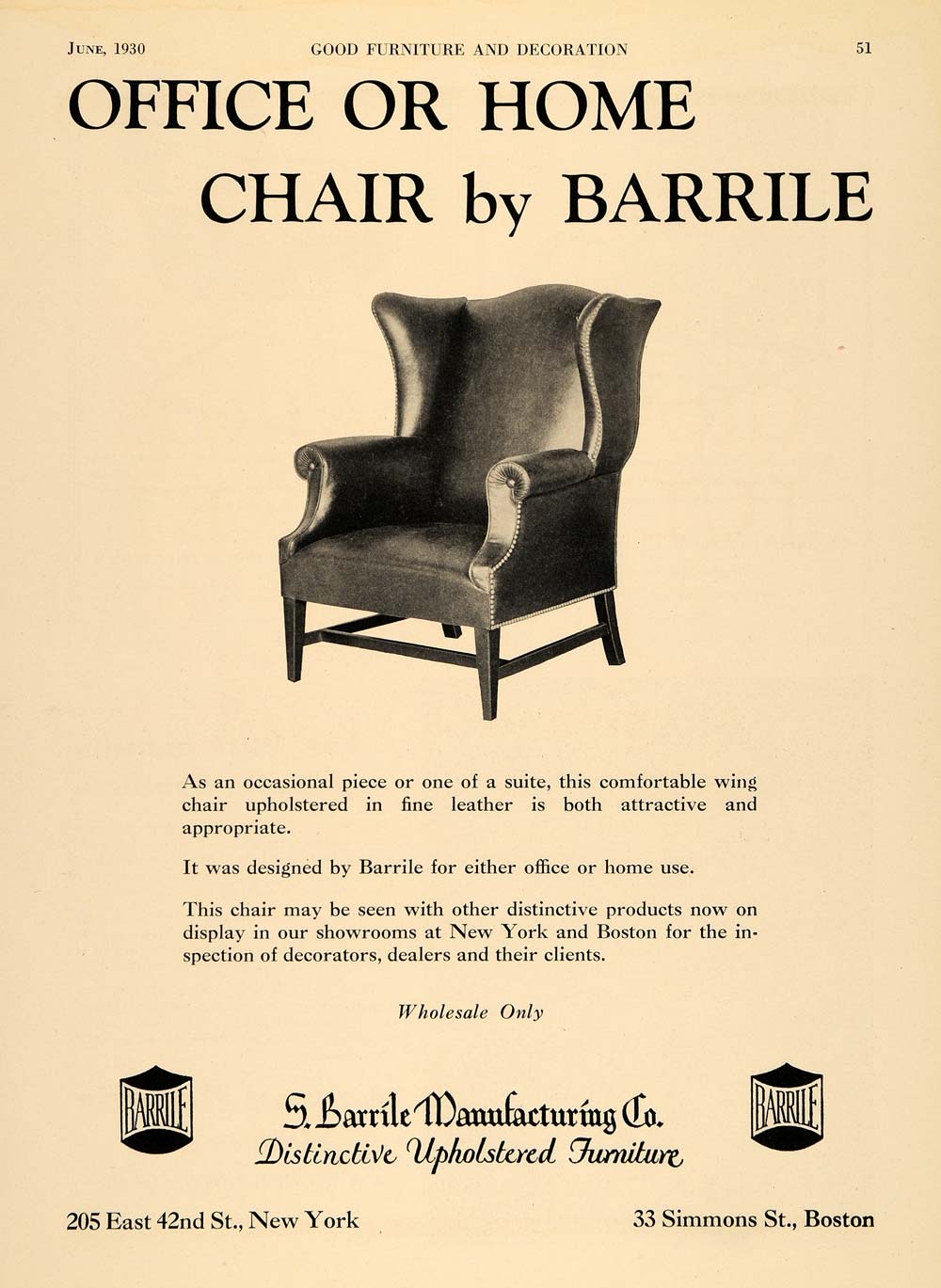 1930 Ad Barrile Office Home Chair Upholster Furniture - ORIGINAL ADVERTISING GF2