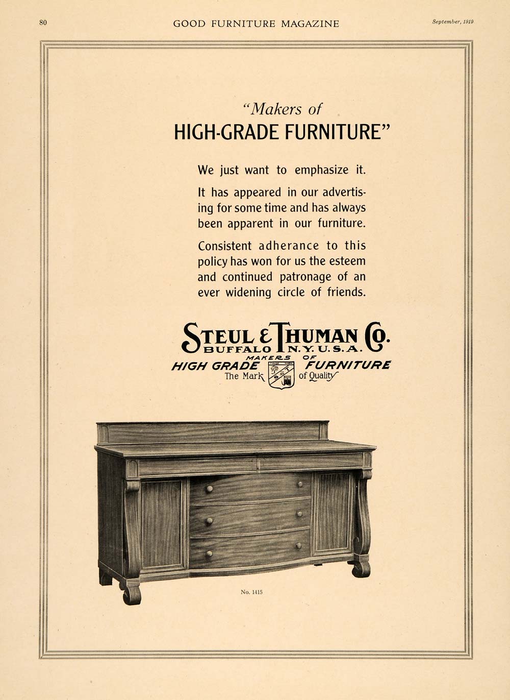 1919 Ad Steul Thuman High Grade Furniture No. 1415 - ORIGINAL ADVERTISING GF2