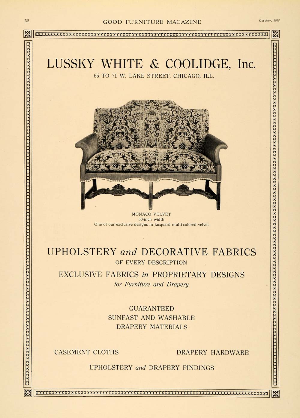 1918 Ad Lussky White Coolidge Upholstery Decorative - ORIGINAL ADVERTISING GF2